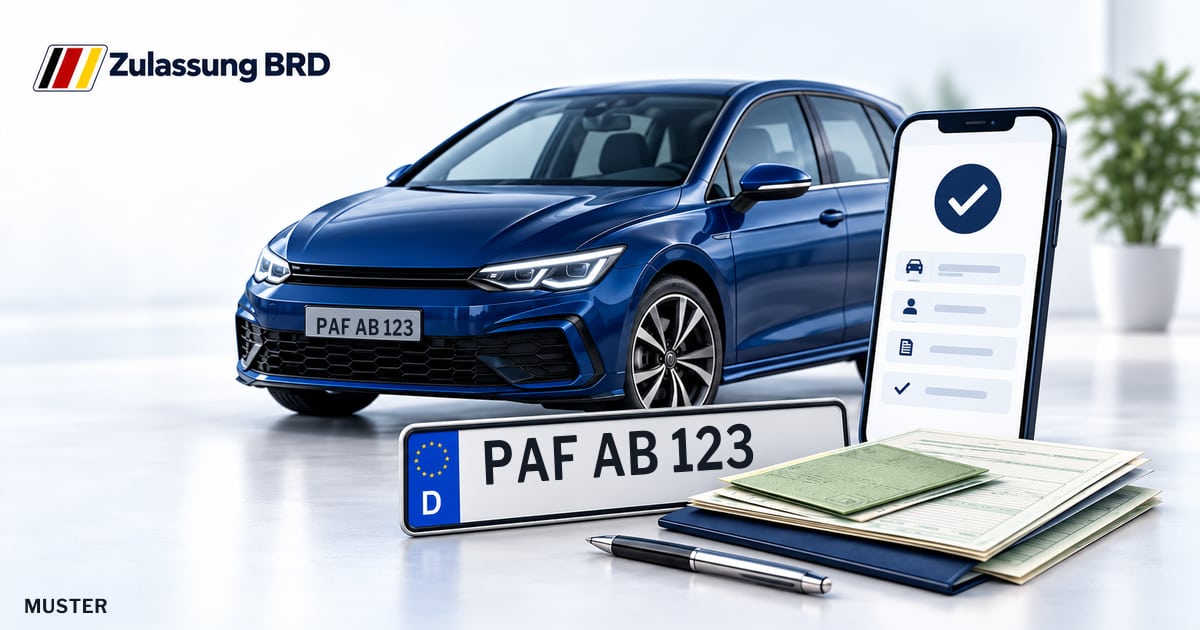 Online Fahrzeugzulassung in Wolnzach: Musterkennzeichen PAF AB 123, Auto und Fahrzeugpapiere und Smartphone. Illustration mit Logo von Zulassung BRD.